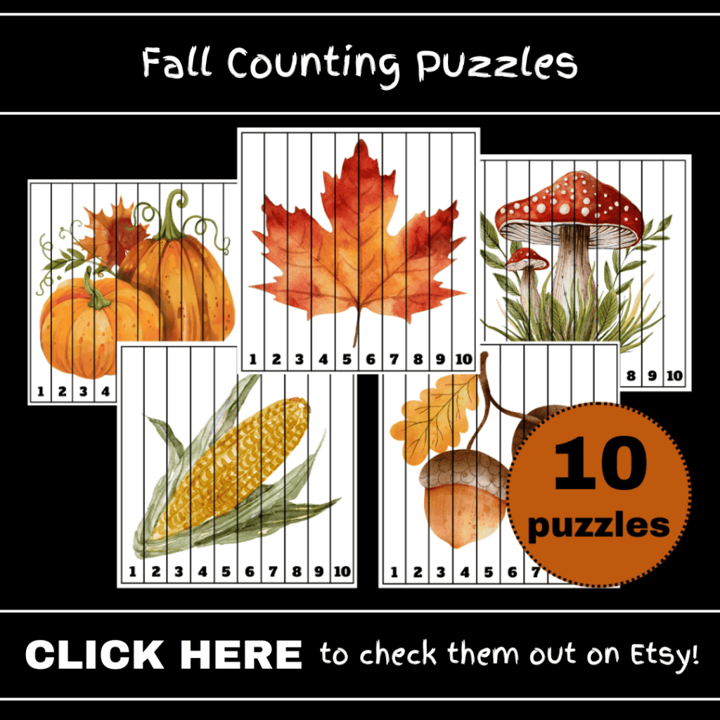Image of my Fall Counting Puzzles. Text reads, Fall Counting puzzles, 10 puzzles, click here to check it out on Etsy.