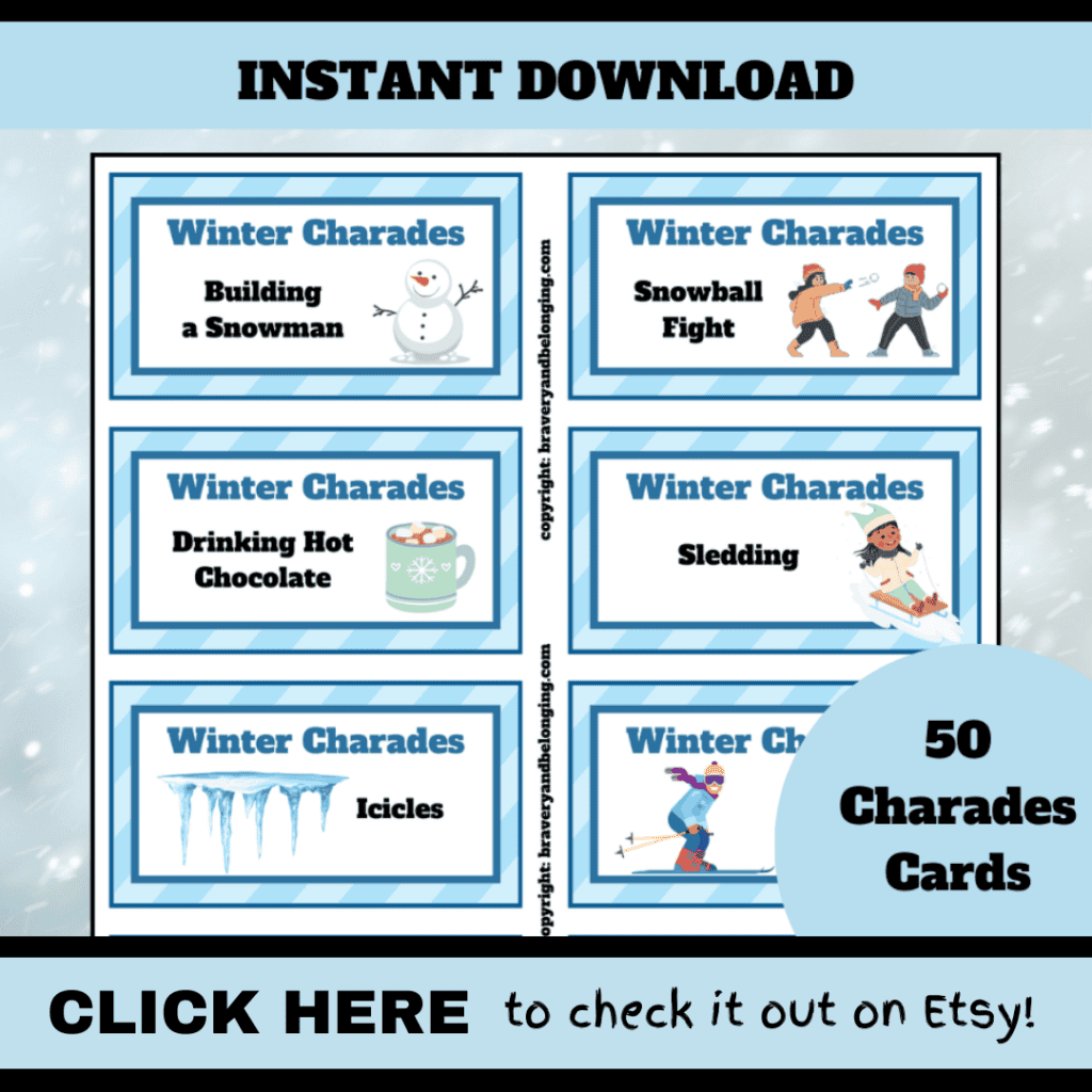 As image of my family charades game for winter with text reading, instant download click here to check it out on etsy!