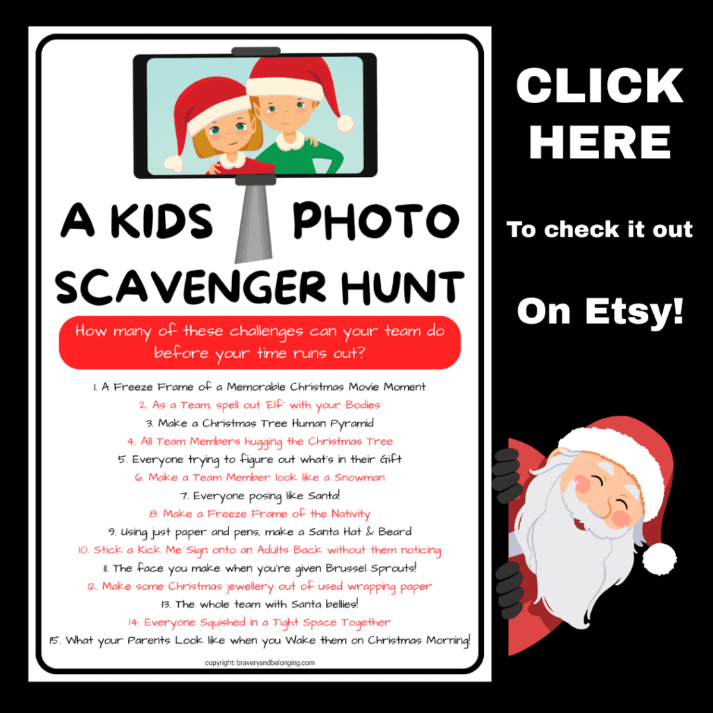 An image of my kids photo scavenger hunt for christmas with text reading, click here to check it out on Etsy!