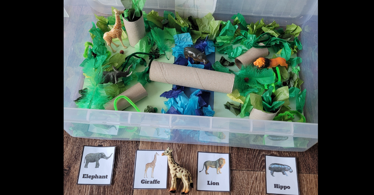 Wild Animals Flashcards Free Printable with Safari Sensory Bin