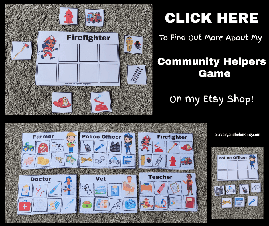 Images of my community helpers preschool game, with text reading click here to find out more about my community helpers game on my etsy shop.