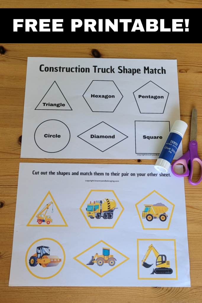 Pin text reads, free printable and has an image of the 2 sheet free printable construction shapes activity with glue and scissors.