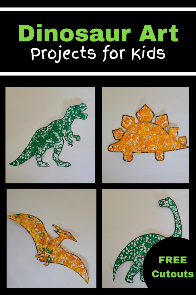 Pin text reads, dinosaur art projects for kids free pdf and shows 4 images of duplo stamped dinosaurs.