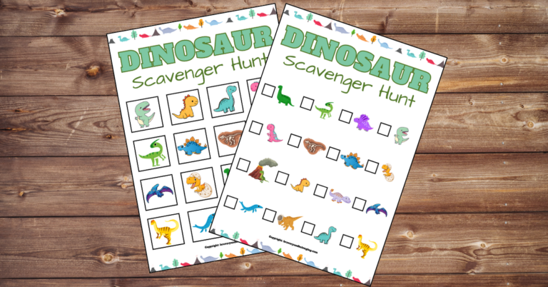 Image of a 2 page dinosaur scavenger hunt free printable