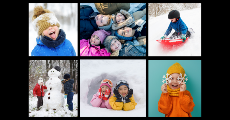 6 photos of kids playing happily in the snow