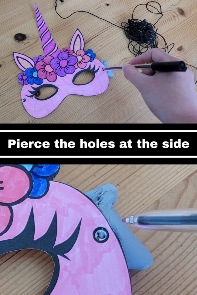 There are two images showing the little holes on the sides of the unicorn mask being pierced with a pen and bluetac under it to make sure the mask does not rip. THe second photo is a zoomed up version to demonstrate this. The text reads, pierce the holes at the side.