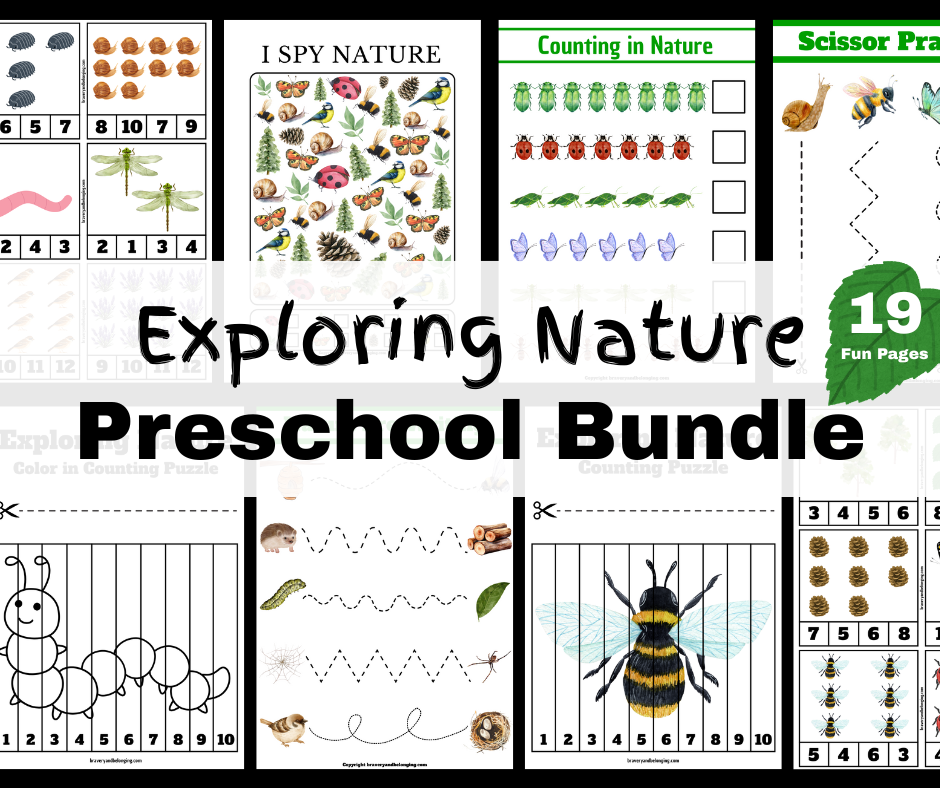 Image shows 8 of the 19 Nature Activity worksheets for preschoolers and the words over the top read, exploring nature preschool bundle.