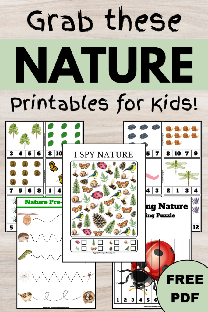 Pin text reads, grab these nature printables for kids free pdf and shows an image of 5 free nature printables