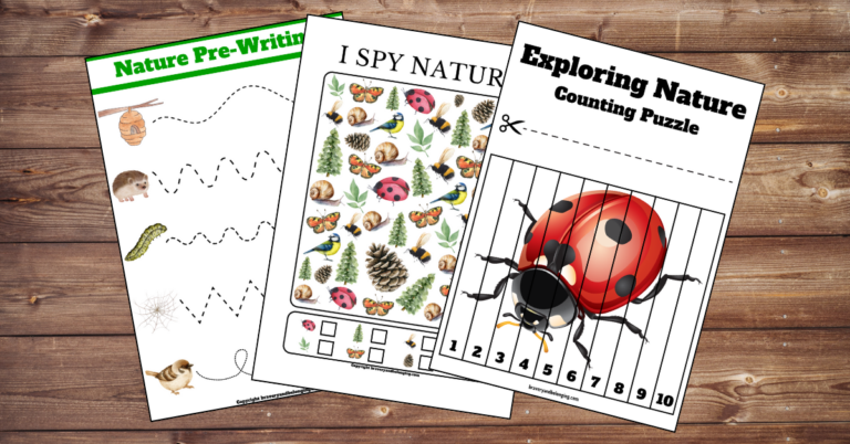 Cover image shows 3 of the 5 free nature printables. There is a ladybird counting puzzle an i spy and a writing sheet.