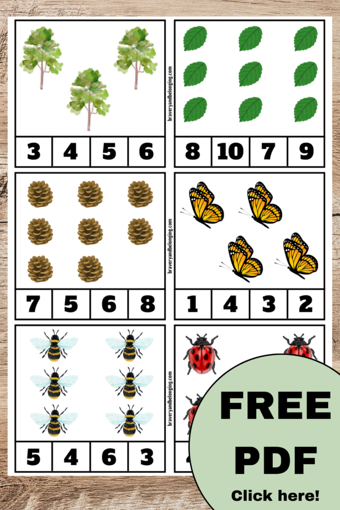 The pin shows image of nature count and clip cards for nature counting activities. Text reads, free pdf click here written in a bubble at the bottom.