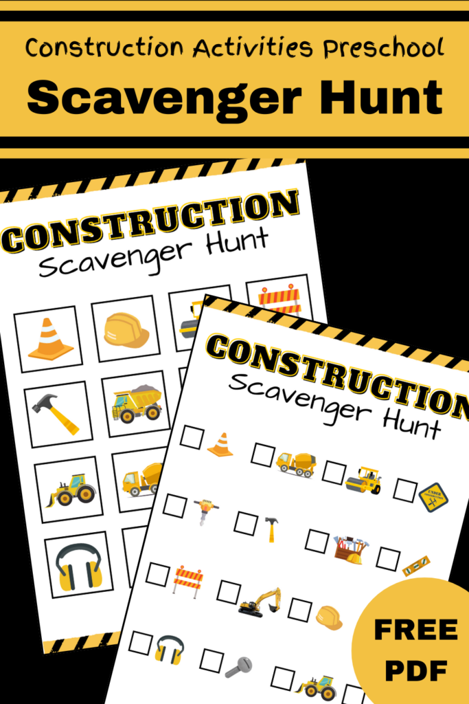 Pin text reads, construction activities preschool scavenger hunt free pdf and shows an image of the two page scavenger hunt.