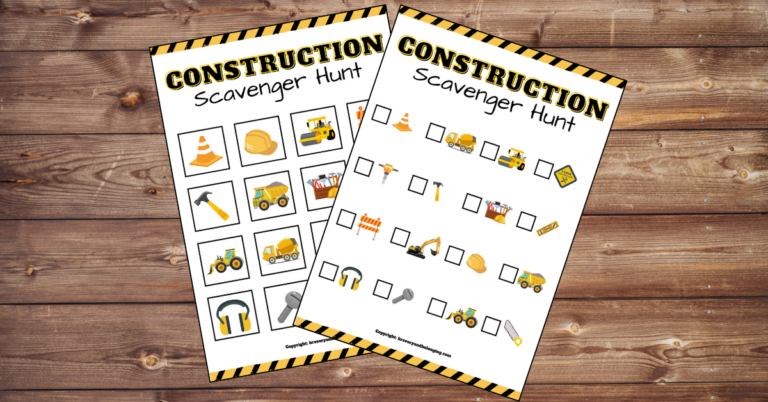 An image of the free construction scavenger hunt for kids.