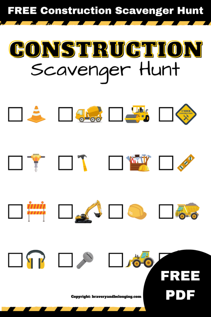 Pin text reads, free construction scavenger hunt free pdf and shows an image of the first page of it.