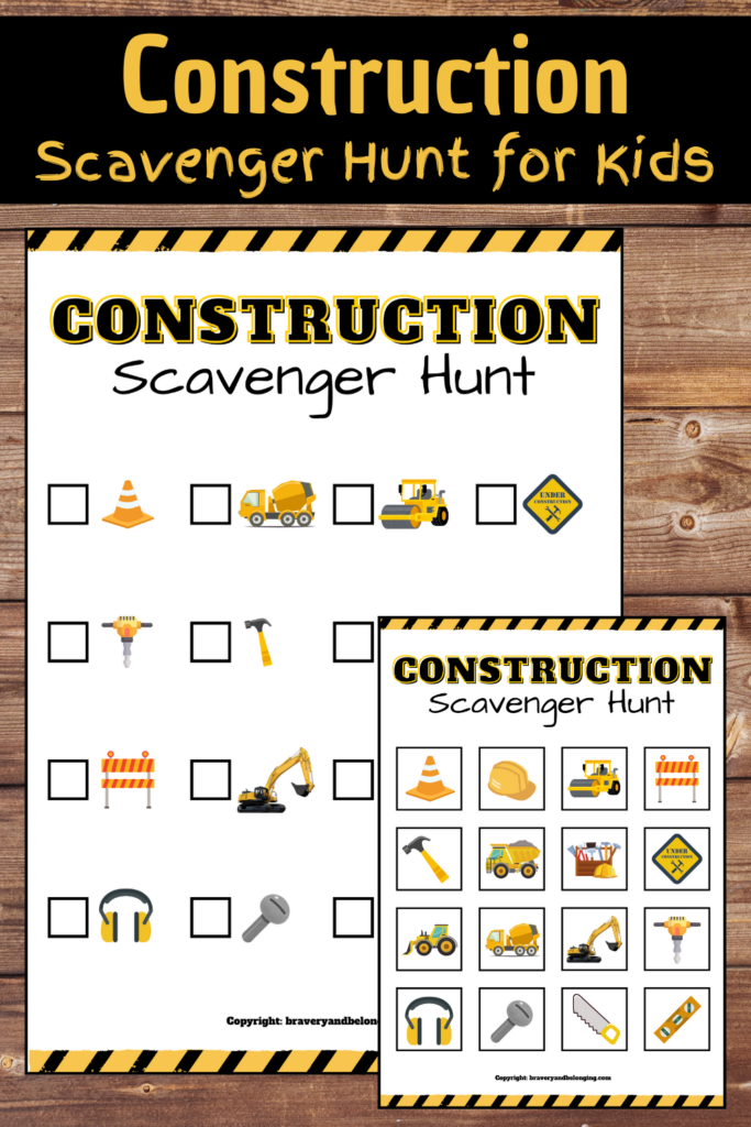 Pin text reads, construction scavenger hunt for kids and shows an image of both sheets of it.