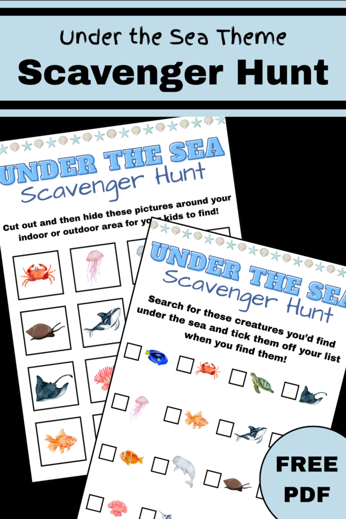 Pin text reads, under the sea theme scavenger hunt free pdf and has an image of the 2 page printable.