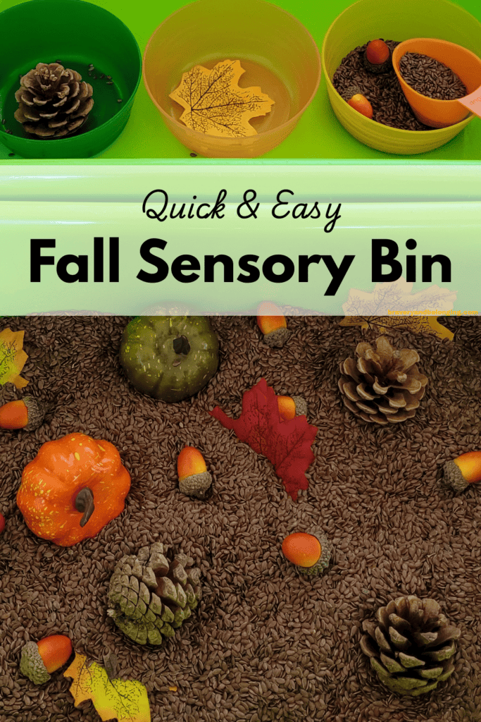 Pin text reads, quick and easy fall sensory bin and shows an image of a sensory bin filled with brown linsead and fall items like fall leaves, acrons, pine cones and mini pumpkins, theres also bowls for them to be sorted into.