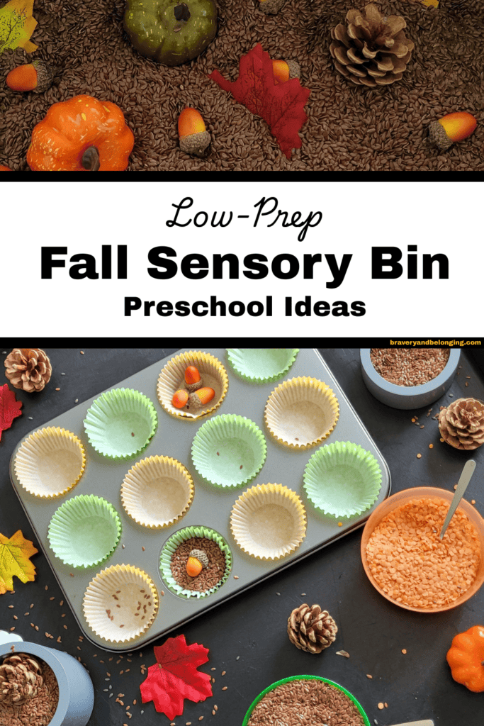 Pin text reads, low-prep fall sensory bin preschool ideas and an image of a fall baking sensory bin and another with fall items hidden in seed,