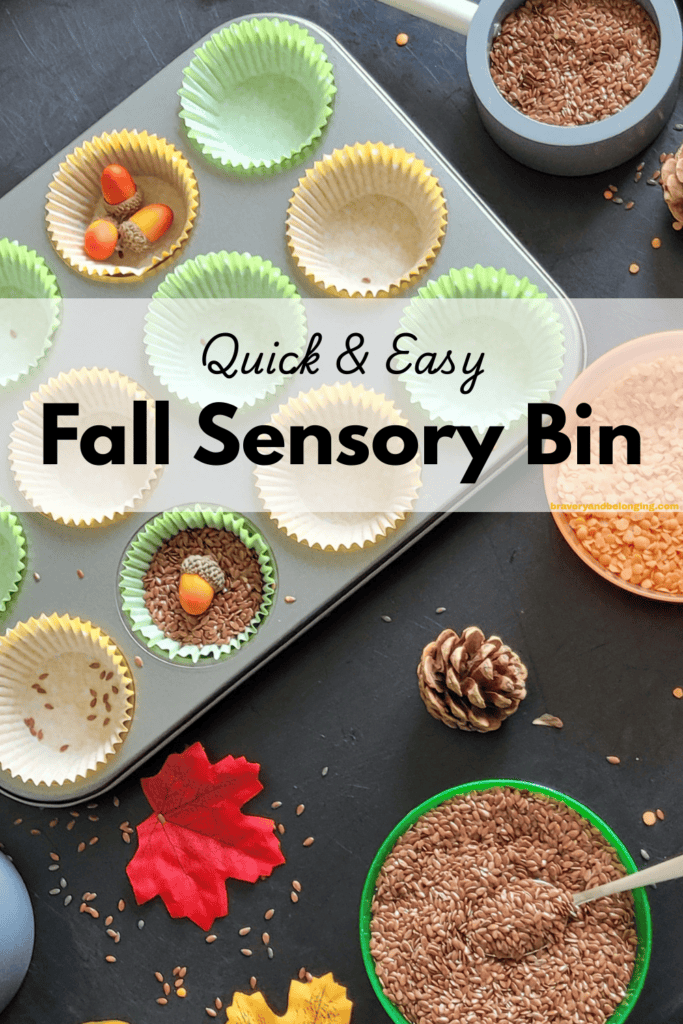 Pin text reads, quick and easy fall sensory bin and shows an image of a baking fall sensory bin.