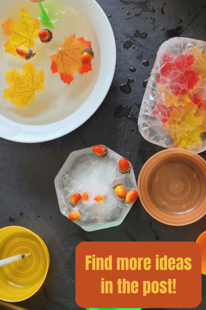 Pin text reads, find more ideas in the post and shows an image of a bowl of water with some fall leaves and acorns floating in it, another of a block of ice with acorns in it, and another block of ice with fall leaves frozen in it. There is a syringe of warm water ready to melt the ice with.