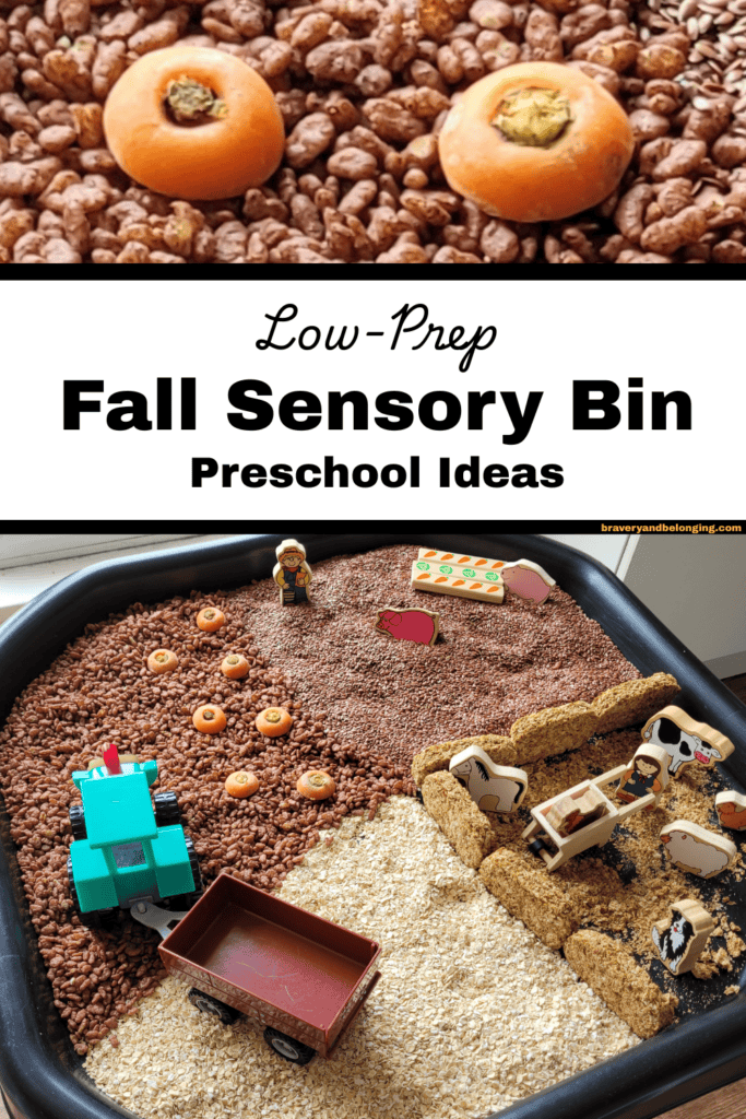 Pin text reads, low prep fall sensory bin preschool ideas and shows a fall farm sensory bin.