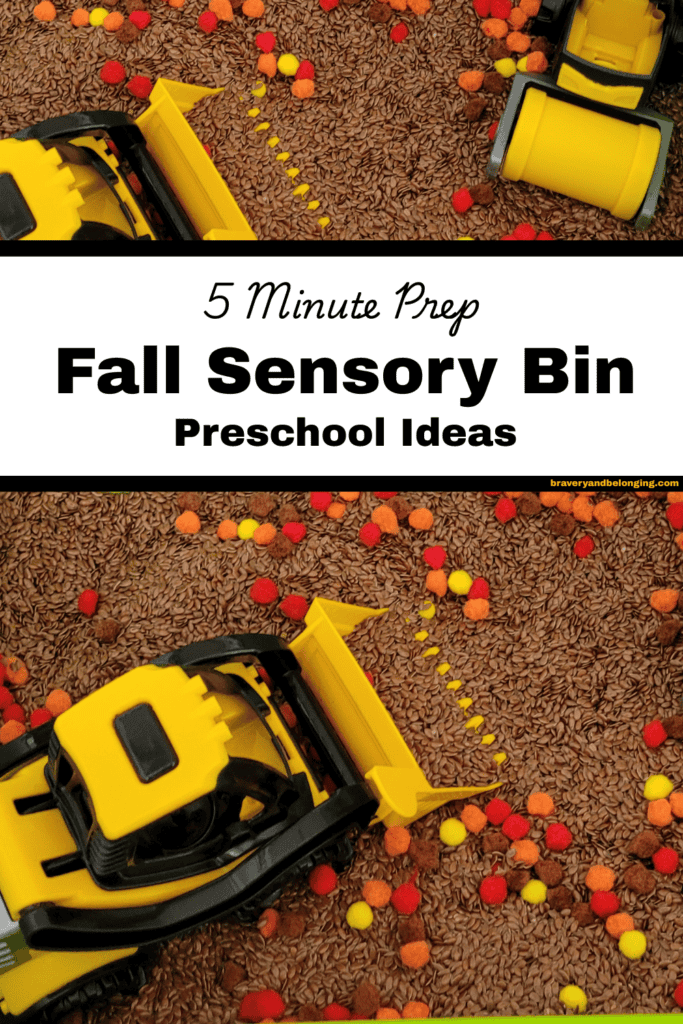 Pin text reads, 5-minute prep fall sensory bin preschool ideas