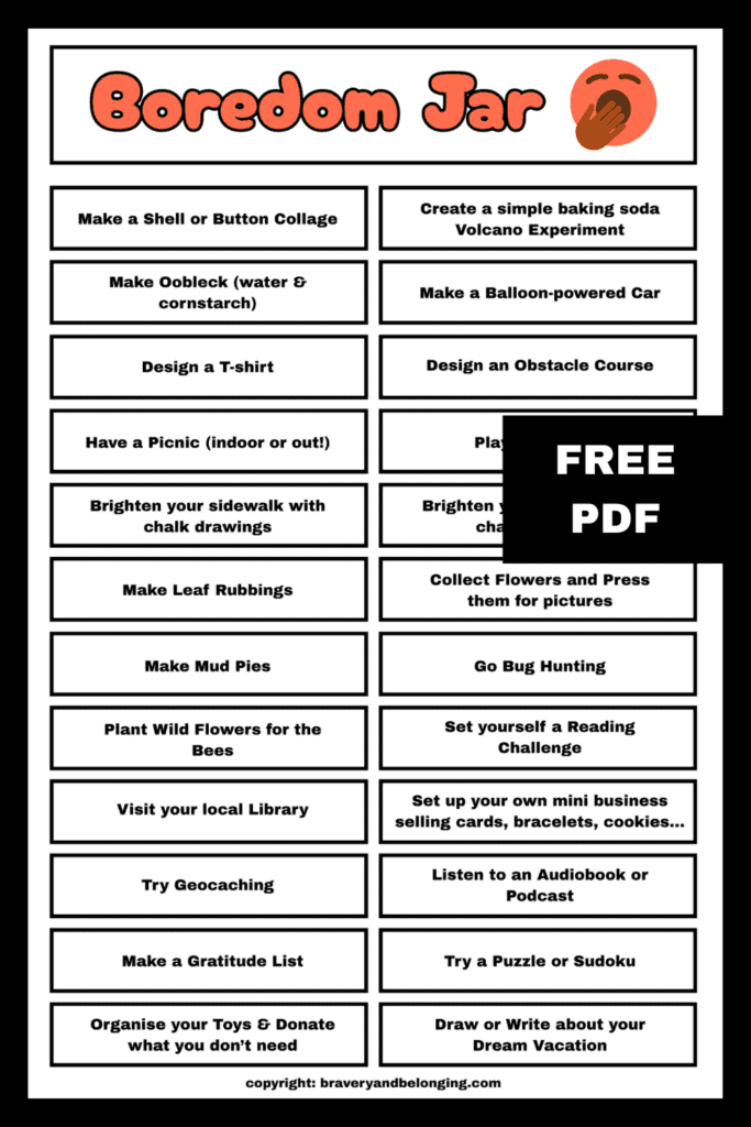 Image of 1 of the pages of my free printable boredom jar ideas printable