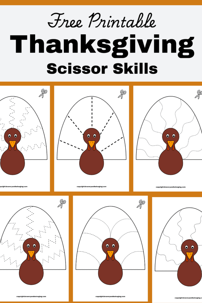 Pin text reads, free printable thanksgiving scissor skills. Image shows 6 of them