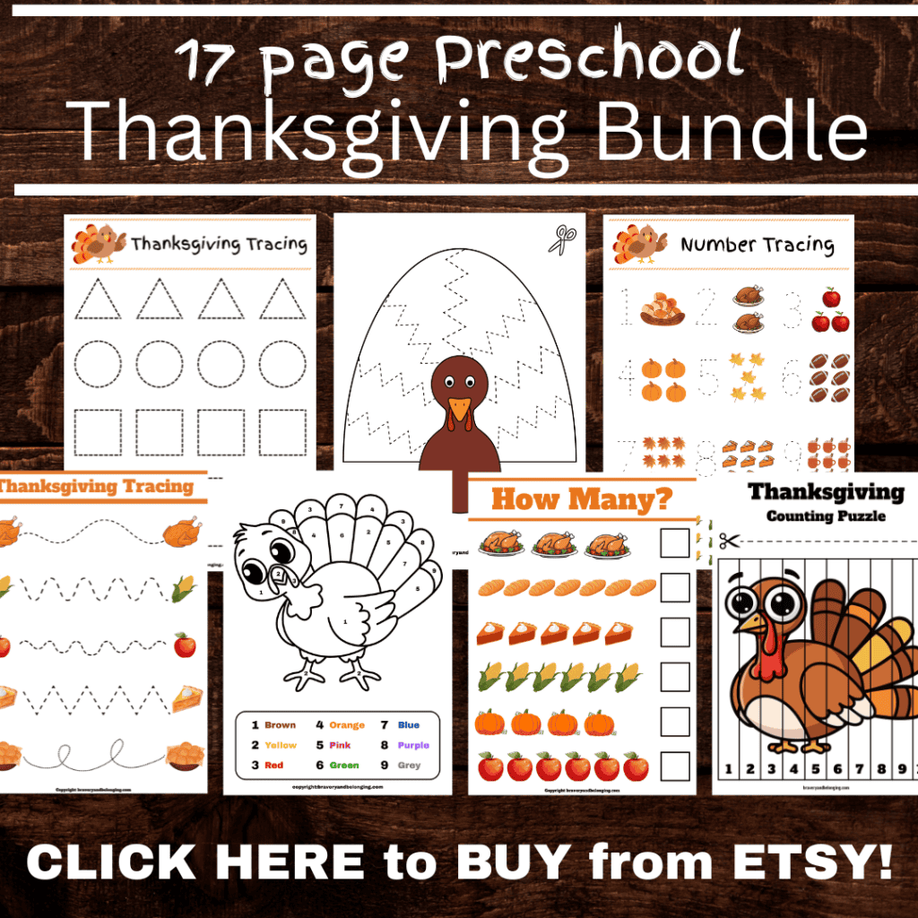 Image reads, 17 page preschool thanksgiving bundle click here to buy from etsy! Image of some of the items included in it.