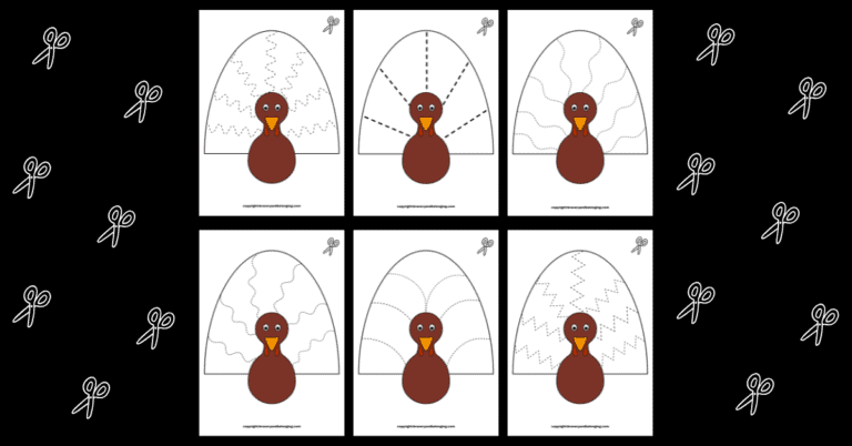 An image of my 6 free thanksgiving scissor practice printables.