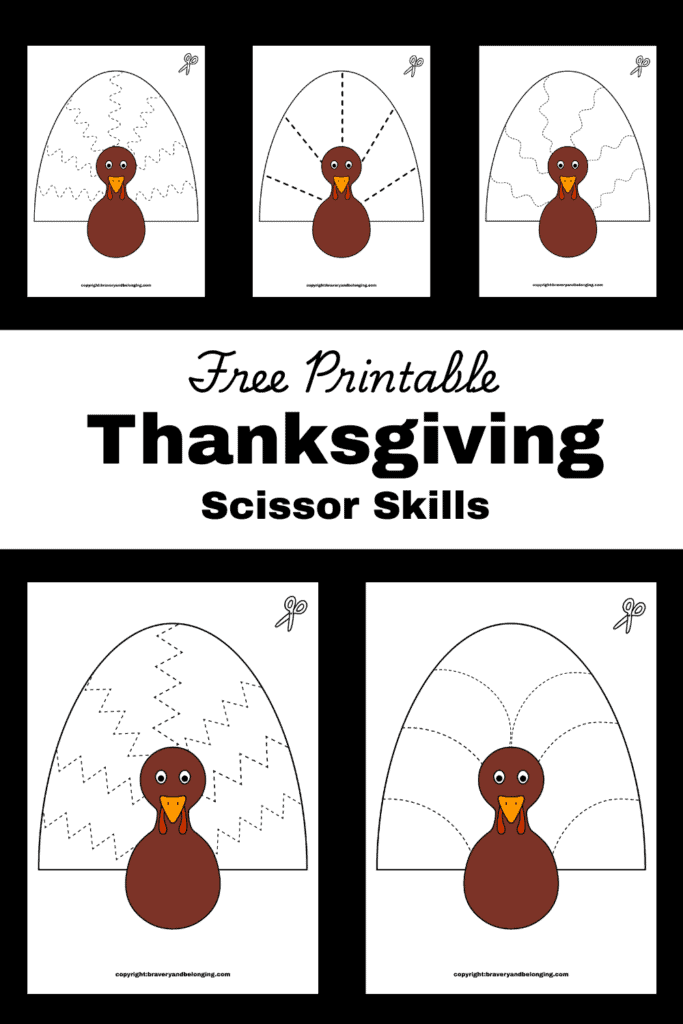Pin text reads, free printable thanksgiving scissor skills and there are images of 5 of them.