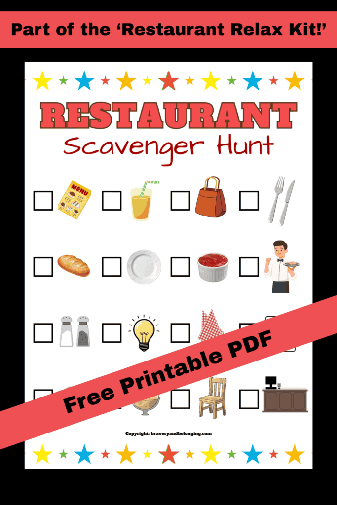 A pin with an image of my free restaurant scavenger hunt and text across it reading free printable pdf. Text above the image reads, part of the restaurant relax kit.