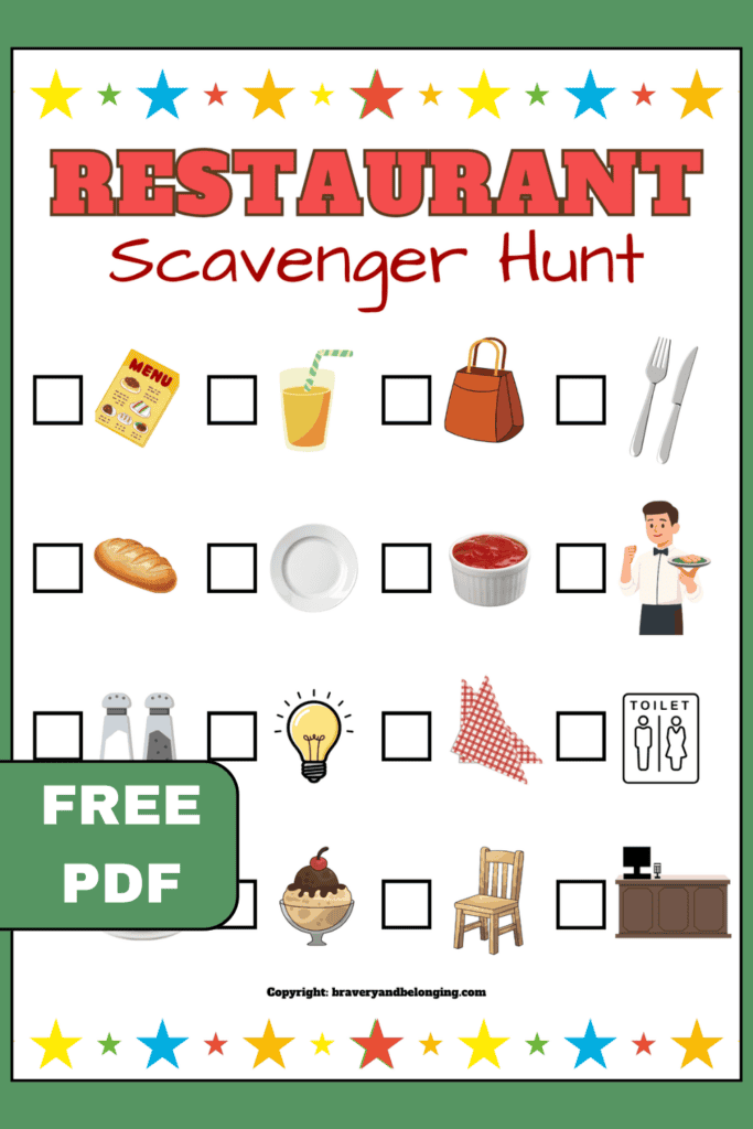 An image of my free Restaurant Scavenger hunt printable for toddlers and preschoolers. The text free pdf is on the edge of it.