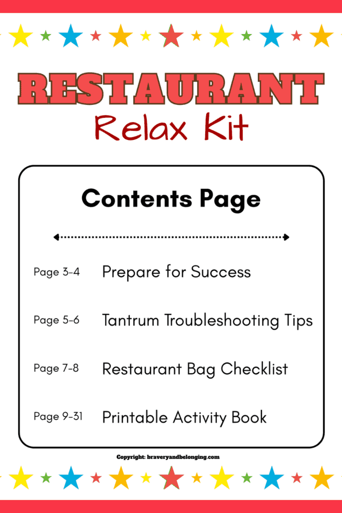 A pin with my Restaurant Relax Kit contents page on it to show what is available if you upgrade to the full kit. Includes prepare for success pages, tantrum troubleshooting pages, restaurant bag checklist, and printable activity book for toddlers and preschoolers.