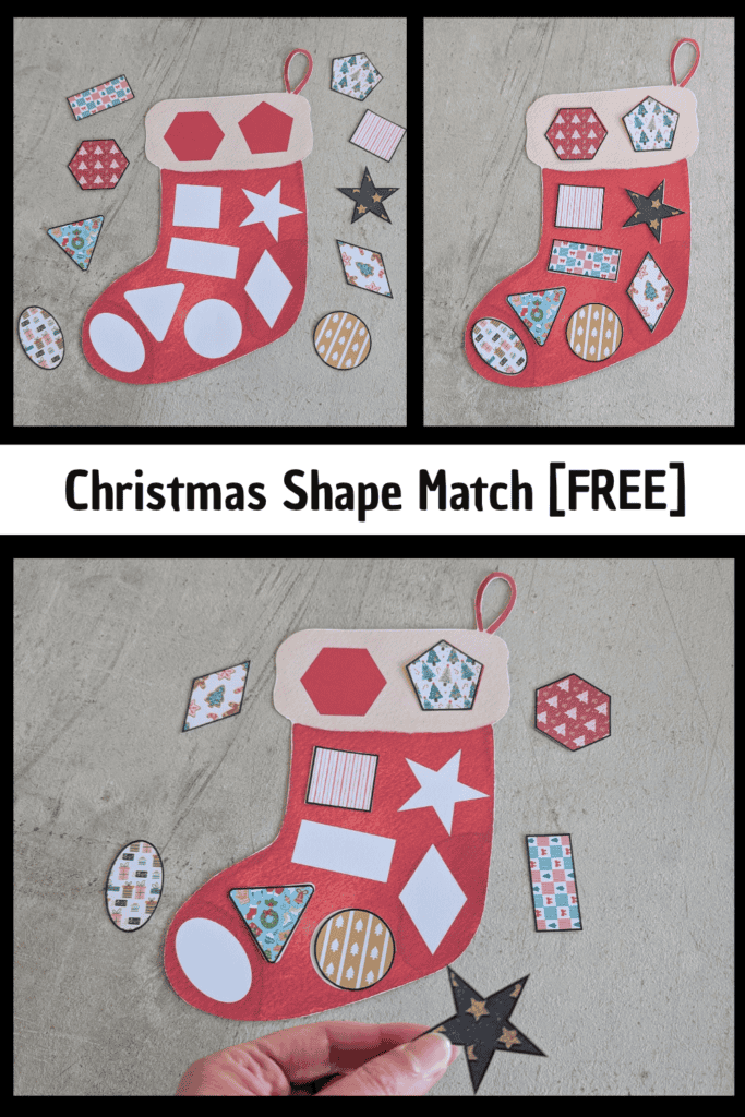 Pin text reads, christmas shape match free and show 3 images of santas stocking with shape gaps in it and some shapes coloured like wrapped gifts next to them to fill in the gaps.