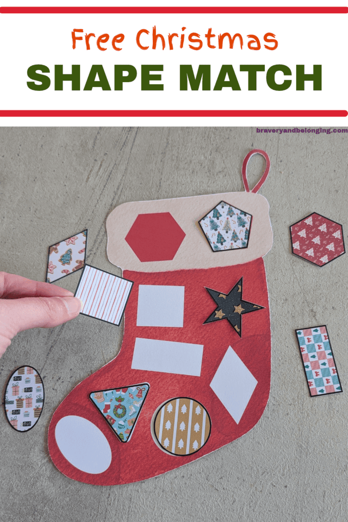 Pin reads, free christmas shape match and shows an image of a stocking printable with gifts in different shapes to match to the gaps.