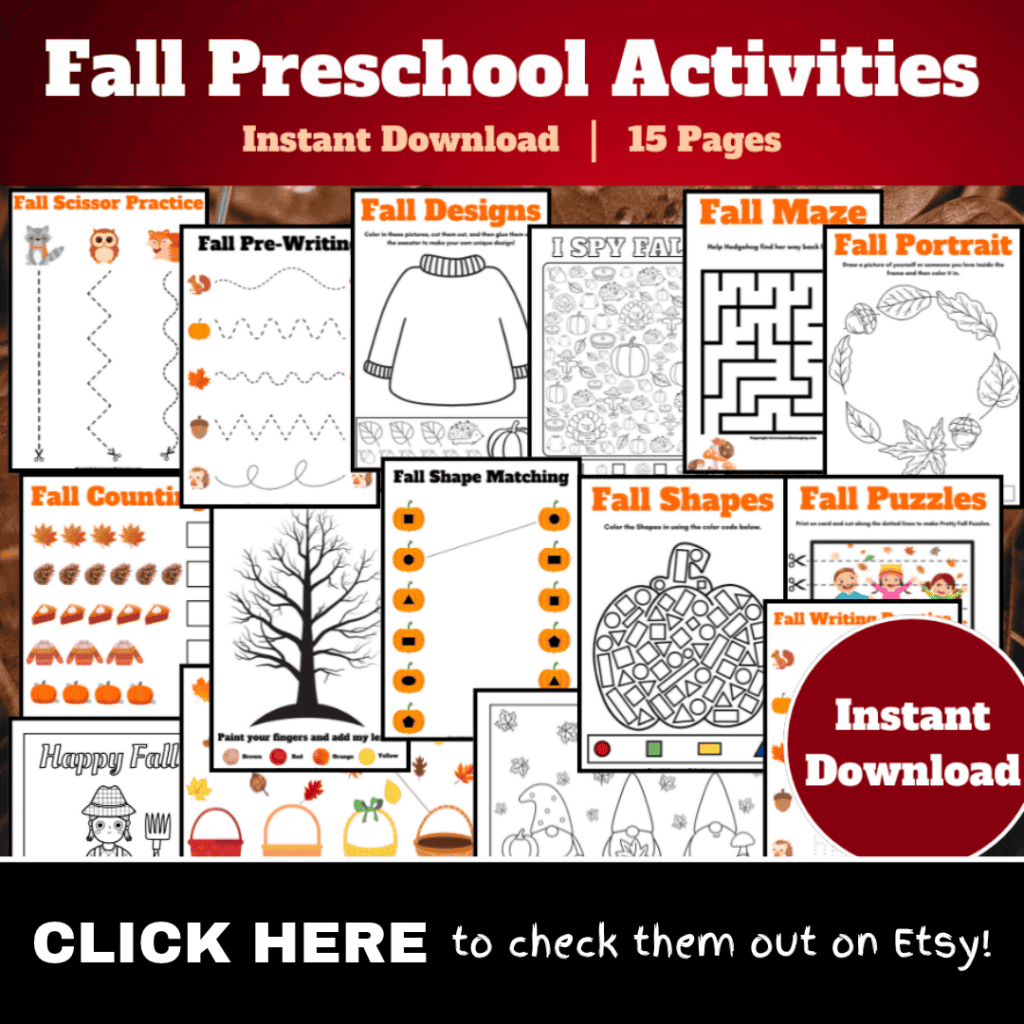 An image of my fall preschool activities bundle and a message saying to click on the image to find out more.