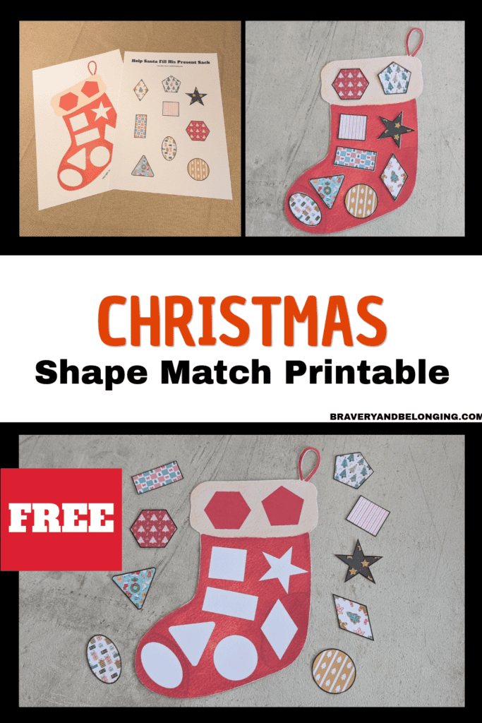Pin text reads, christmas shape match printable free and shows 3 images of it. One is just printed and the other two are of the printable in use.