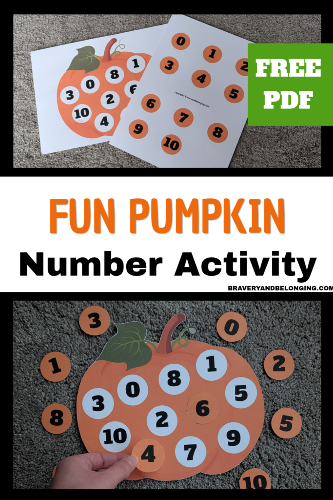 Pin text reads, free pdf fun pumpkin number activity and shows an image of the free printable a4 sheets and another of the activity being done.