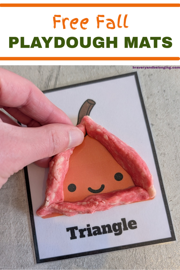 Pin text reads, free fall playdough mats and shows an image of a playdough mat in use with playdoh on it.