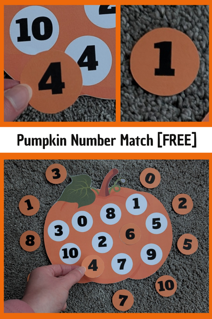 Pin text reads, pumpkin number match free and shows 3 images of the printable in use.