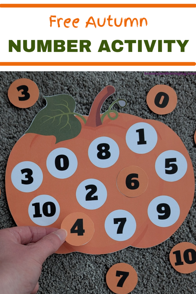 Pin text reads, Free Autumn Number Activity and shows an image of the free pumpkin printable in use.