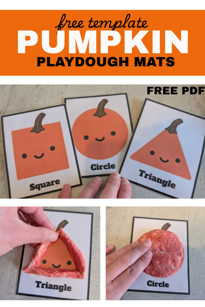 Pin text reads, free printable pumpkin playdough mats free pdf. Images show the playdough mats in use.