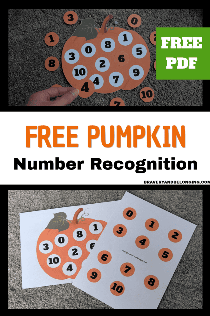 Pin text reads, free pumpkin number recognition free pdf and the images show the printable just out of the printer and another of it in use.