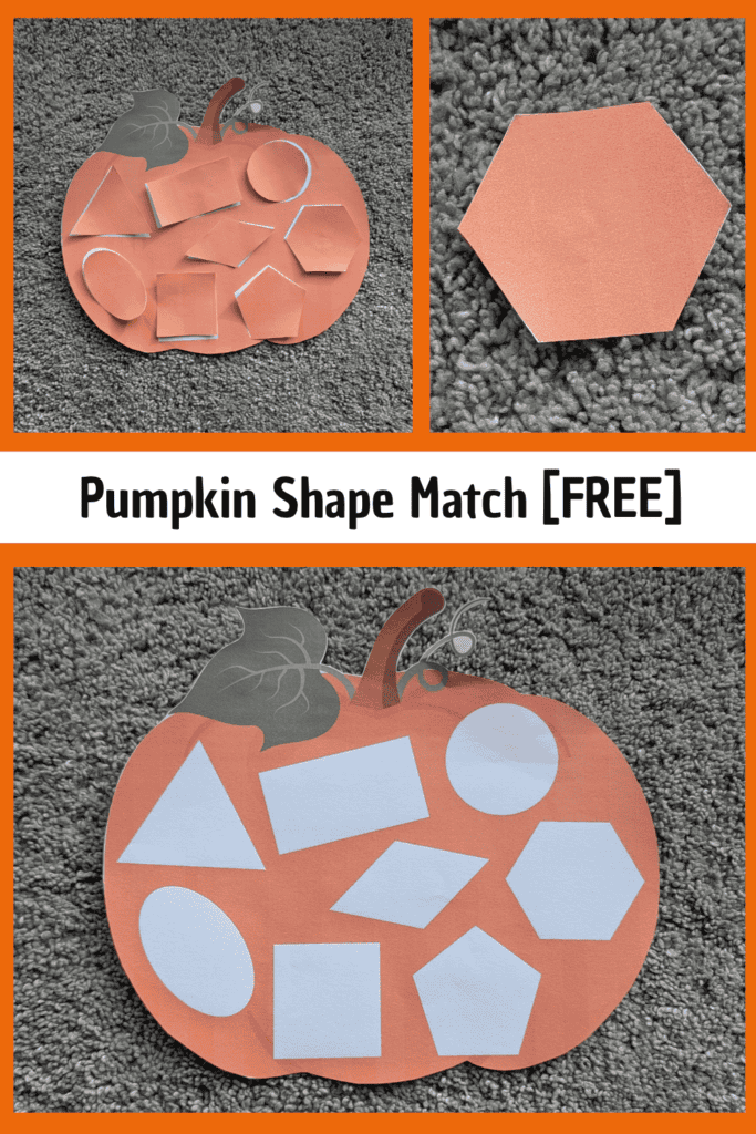 Pin text reads, pumpkin shape match free and has 3 images of my free pumpkin shape match activity.