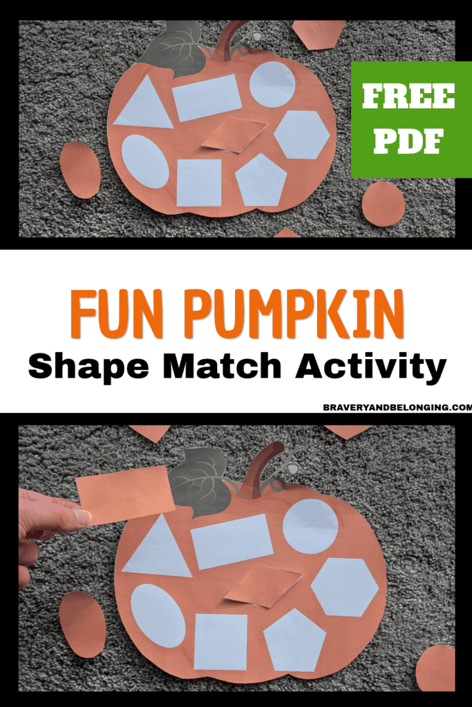 Pin text reads, free pdf fun pumpkin shape match activity and has two images of the pumpkin shape activity in use.