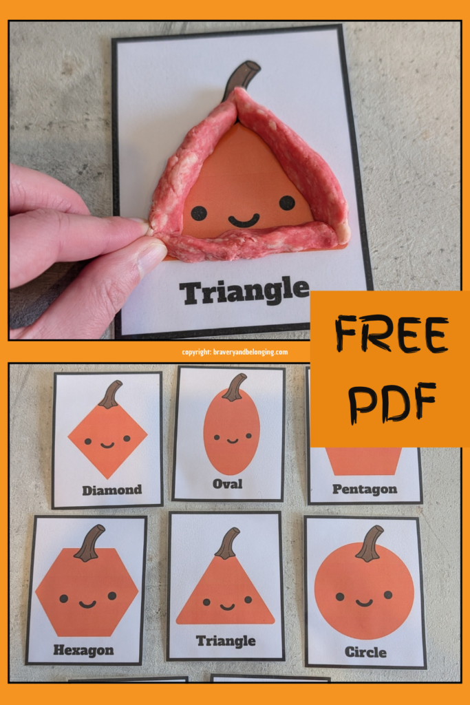 Pin text reads, free pdf and there are two pictures of the printable - one of it printed and cut out and another of it in use with playdoh.