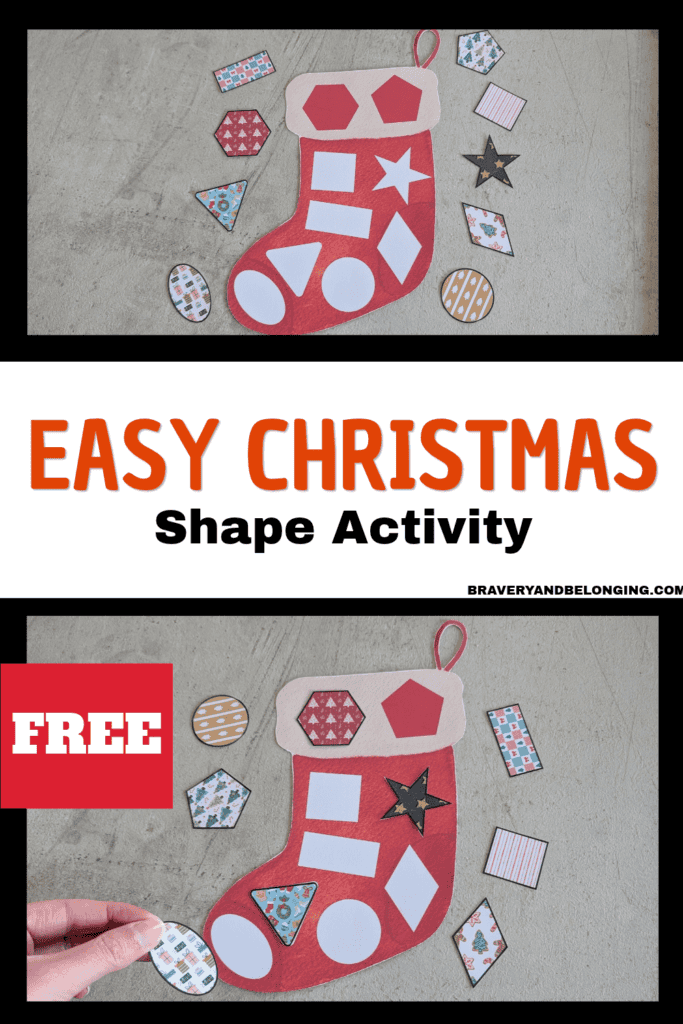 Pin text reads, easy christmas shape activity free and shows 2 images of the printable in use.