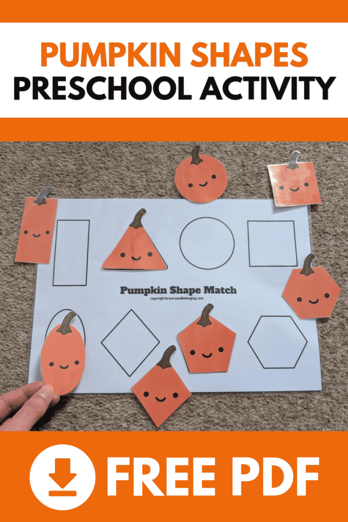Pin text reads, pumpkin shapes preschool activity free pdf and has an image of the printable shapes page and the printable pumpkin shapes with smiley faces on.
