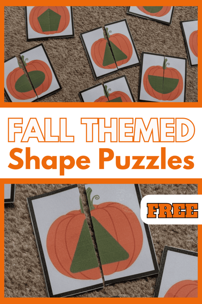 Pin text reads, fall themed shape puzzle free and has images of my free pumpkin shape puzzles.