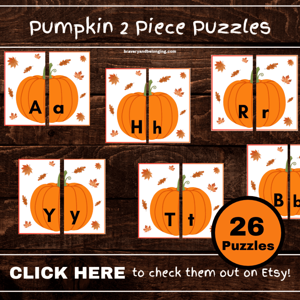 An image of my pumpkin alphabet match puzzles with a message saying to click the image to learn more.